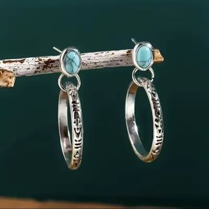 Natural Oval Turquoise Circle 925 Sterling Silver Drop Stud Earrings